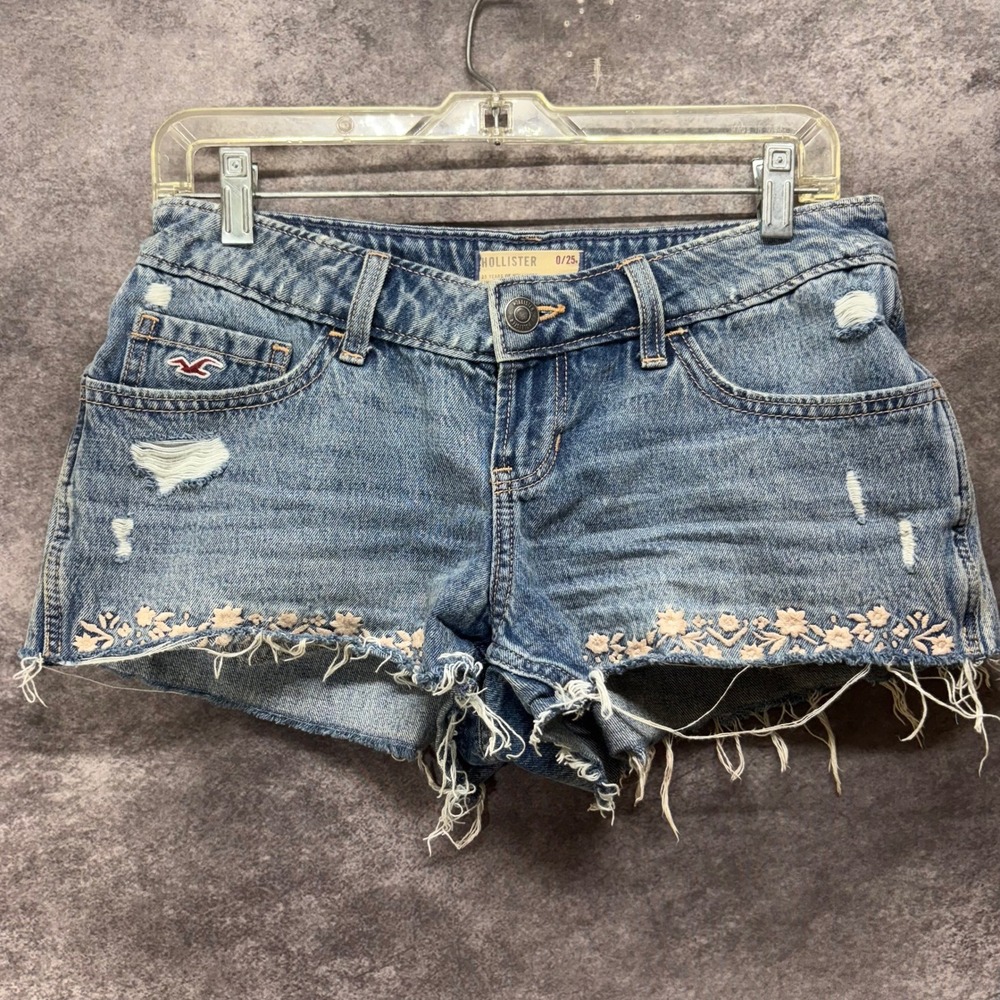 Hollister Y2K Style Denim Cut Off Micro Shorts Size 0 25 Embroidered Low Rise